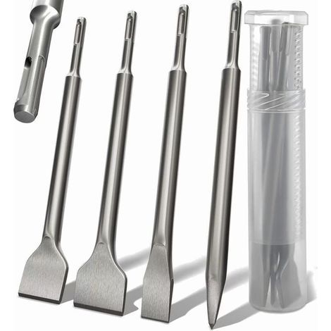 Ensemble 4 de burins SDS Plus- manche rond, marteau électrique, burin rond à quatre pointes, burin incurvé 142 x 250, burin plat extra large (1/5)