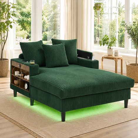 Méridienne en velours côtelé vert émeraude 129x170x70 cm avec LED, USB, rangement et porte-gobelets (1/5)