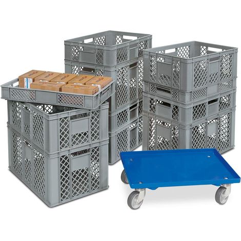 BRB Lot de 11 paniers empilables en polyéthylène HD Gris 600 x 400 mm H 90 mm/150 mm/240 mm/320 mm (1/2)