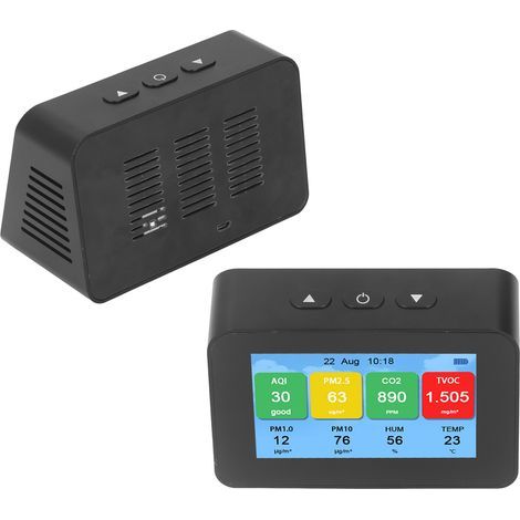 Misuratore di qualità dell'aria con visualizzazione dell'ora, tester di CO2, PM2.5, PM1.0 e PM10, rilevatore con schermo LCD, versione inglese (1/5)