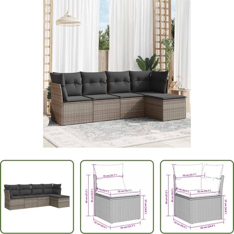 vidaXL Rattanmöbel - 5-tlg. Garten-Sofagarnitur mit Kissen Grau Poly Rattan (1/5)