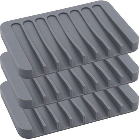 Set mit 3 grauen Silikon-Seifenschalen mit automatischem Ablauf für Bad, Küche oder Reisen (1/5)