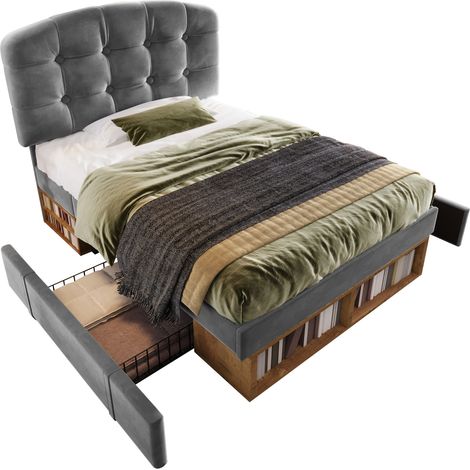 CHICFURN Cama individual 90x200 tapizada en terciopelo gris con cabecero regulable en 3 alturas, somier de láminas, cajones y almacenaje, sin colchón (1/5)