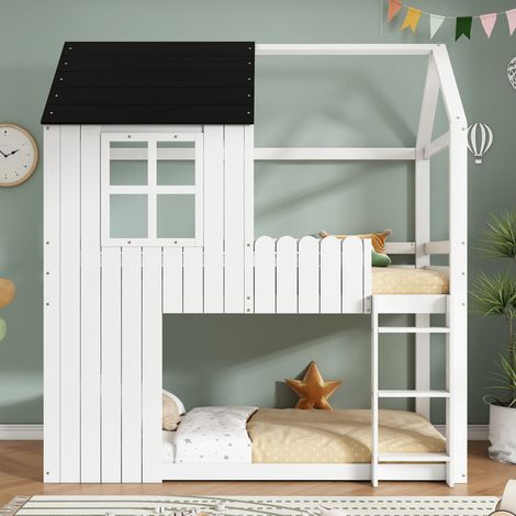 Cama alta infantil (205x100.5x221 cm), con escalera de 3 peldaños, ventanas decorativas, madera y MDF, blanco y negro (1/5)