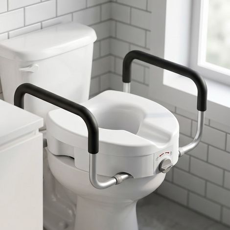 Rehausseur de siège de toilettes avec poignées, largeur réglable, accoudoirs rembourrés, blanc (1/5)