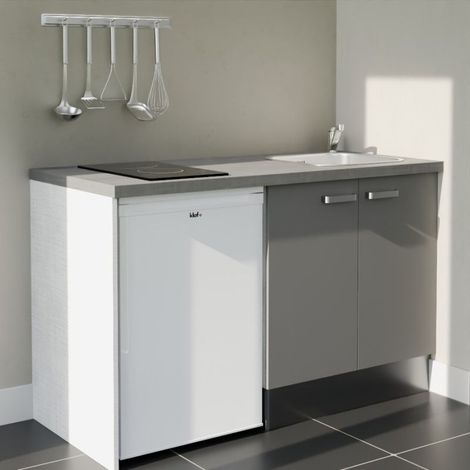 Kitchenette K17L-PT - 140 cm avec plan de travail et évier - Façade Gris - Plan Gris - Evier Inox - Crédences Non (1/5)