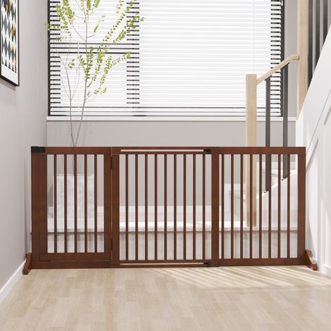 PawHut Absperrgitter Hund Freistehendes Verstellbares Schutzgitter mit Füßen 113-166 x 71 cm Holz Hundegitter Türschutzgitter Hundeabsperrgitter für Treppen, Türen, Küche, Flur, 3 Paneelen, Braun (1/5)