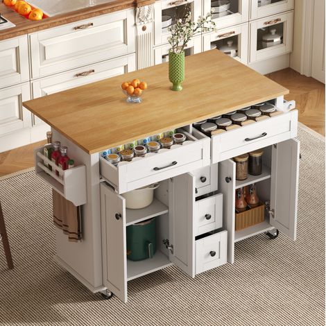 Carrello da cucina estensibile 140 x 65 x 89 cm, 5 cassetti, MDF bianco e naturale DESVIAE (1/5)