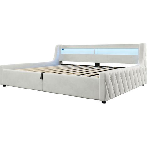 Letto a piattaforma 140x200 cm in velluto beige con contenitore idraulico e LED (1/5)