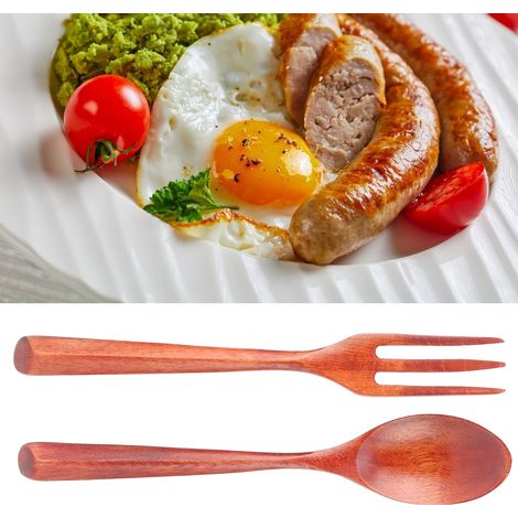 Set aus 2 hitzebeständigen Holzgabeln und -löffeln, robuste Küchenutensilien für Zuhause, Restaurant und Büro. Phoebe Wood (1/5)