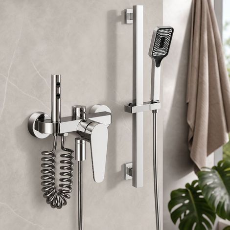Ensemble douche en laiton massif avec douchette et pistolet pulvérisateur, finition gris métallisé antirouille, barre réglable 60cm (1/5)