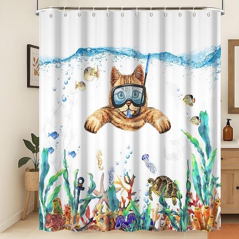 Rideau de Douche Océan Bulle Rideau de Douche Vie Marine mer Profonde Rideau de Douche Chat Plongeur Poisson Rideau de Douche Tortue Tissu imperméable et Lavable en Machine 150x180cm (1/5)