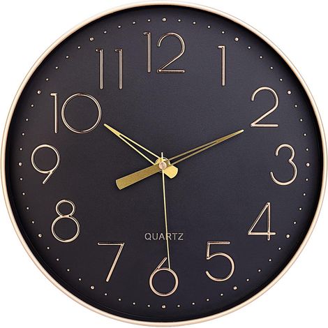 Horloge Murale Noire de 30,5 cm silencieuse avec Chiffres Arabes - Horloge Murale Ronde décorative pour Salon, Chambre, Cuisine (Pile Non Incluse) - Chiffres dorés (1/5)