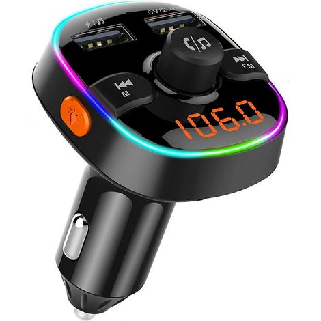 Émetteur FM Bluetooth, adaptateur autoradio Bluetooth 5.0 à LED 7 couleurs, lecteur MP3, avec chargeur allume-cigare, deux ports USB, 5V/2,4A et 1A. (1/5)