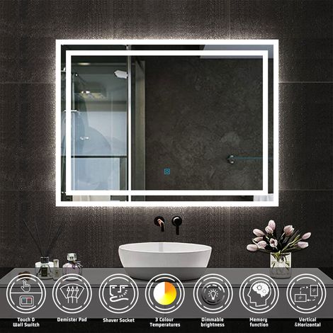Backlit Bathroom LED Mirror with Shaver Socket 800x600mm Wall Mounted Bathroom Mirror with LED Lights 3 Color Modes Dimmable Demister Pad Touch Switch Vertical/Horizontal
