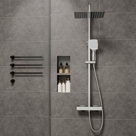 Colonna doccia termostatica con miscelatore, set doccia in acciaio inox 304 - Soffione pioggia 30x30cm + doccetta 3 Jet autopulente, Kit completo con tubo 1.5m e saliscendi tondo regolabile, cromo