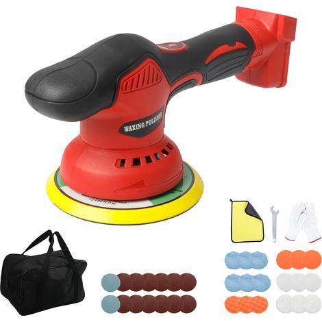 Polisseuse tampon sans fil compatible avec batterie Milwaukee 18 V, 8 vitesses variables, polisseuse orbitale de 6 pouces, kit de cire pour voiture (rouge) (1/5)