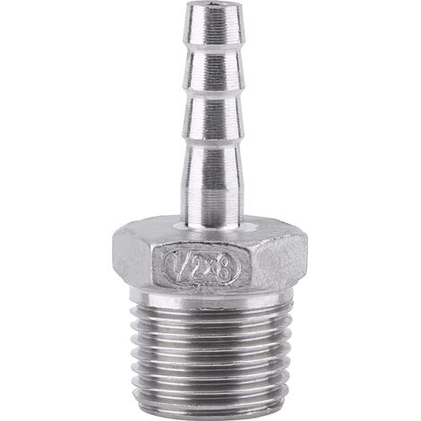 Raccords de tuyau cannelé en acier inoxydable SS304 Raccord tuyau filetage mâle Connecteur queue tuyau cannelé BSP 1/8"3/4" pour raccorder tuyau d'air, un tuyau carburant, (1/2×8mm) (1/5)