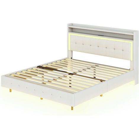 Cama capitoné 140x200 cm beige con USB, LED y patas ocultas (1/5)