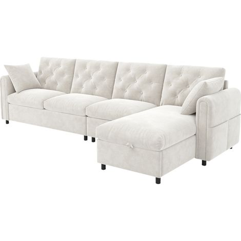Divano angolare L in velluto beige con contenitore e funzione letto MODENUIT (1/5)