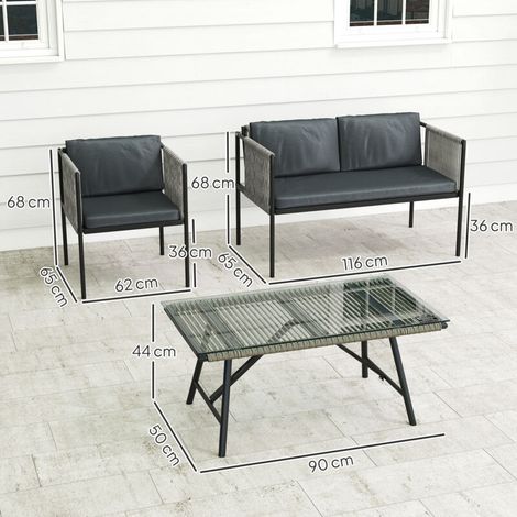 Ensemble de jardin 4 pièces – Table en verre, canapé, fauteuils et coussins, structure acier et rotin synthétique, gris – Salon modulable pour terrasse (1/5)