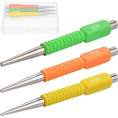 3 pièces comprenant un poinçon à clous, un enfonce-clou de 1/32", 1/16" et 3/32", un jeu de clous et un poinçon central. Outil de pose de clous à code couleur avec poignée antichoc