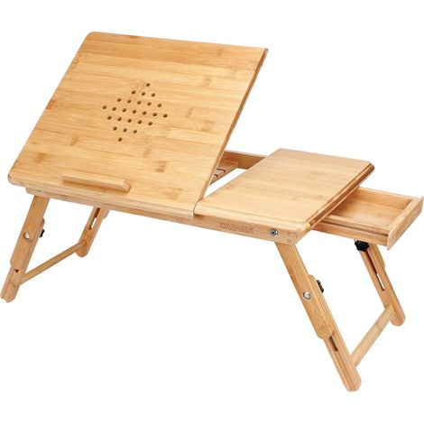 Table de lit pliable en bambou, plateau inclinable 5 angles et tiroir (1/5)