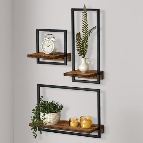 3 Set Étagère Murale, Tablette Murale Flottante en Placage Bois Véritable Chêne et Métal, Géométrie Murale et Cadre Photo Fond, Rangement et Décorative pour Salle de Bain, Salon, Cuisine, Chambre (1/5)