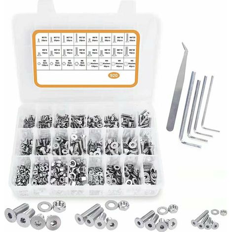 920PCS M3 M4 M5 M6 en Acier inoxydable Bouton à tête hexagonale Socket Tête Câble Boulons Vis avec écrous Assortiment (1/4)