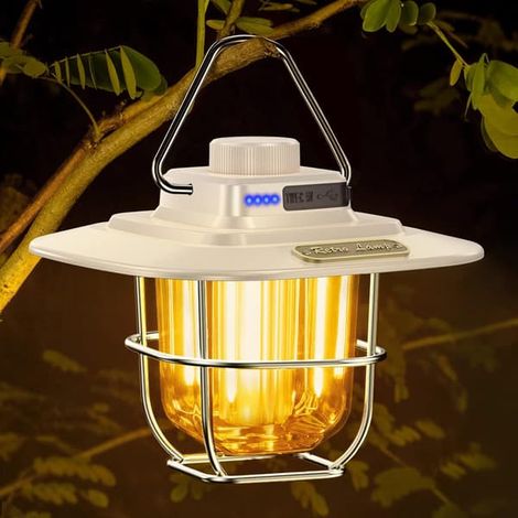 Lampe de camping rechargeable beige, lampe de camping LED rétro rechargeable USB-C - Lumière chaude et naturelle, continue (1/5)