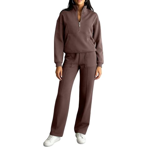 Survêtement deux pièces à manches longues pour femme avec demi-fermeture éclair et pantalon à jambes larges (1/5)