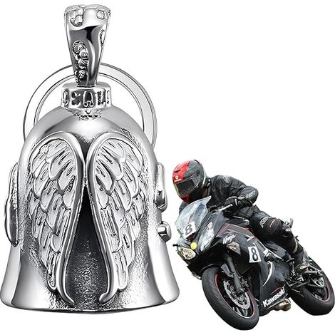 Clochette Moto Guardian Ride Bell, Guardian Bell Acier Inoxydable Argent, Acier Inoxydable Moto en Forme d'ange Gardien à Suspendre, Angel Biker Guardian Gremlin Bell, Moto Cyclisme, Vélos