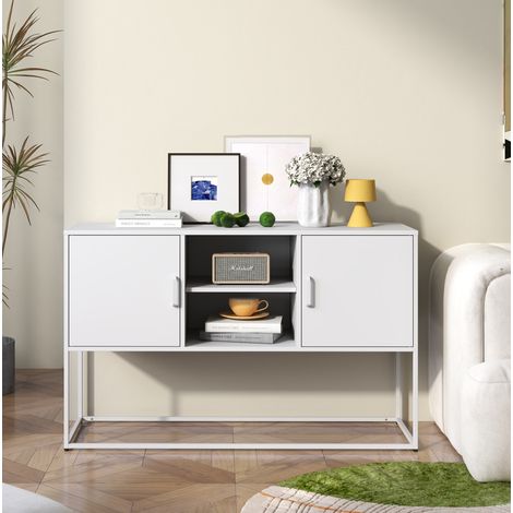 Credenza 120x40x75 cm bianco in metallo con 6 scomparti, struttura robusta e chiusura magnetica (1/5)