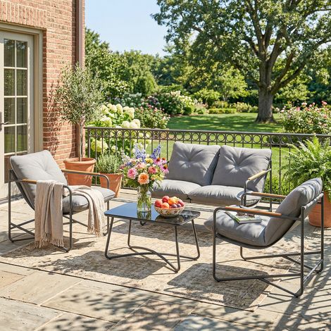 Ensemble de mobilier de jardin 4 pièces comprenant un canapé 2 places, 2 fauteuils et une table basse en verre trempé avec coussins de 13 cm d'épaisseur, gris clair