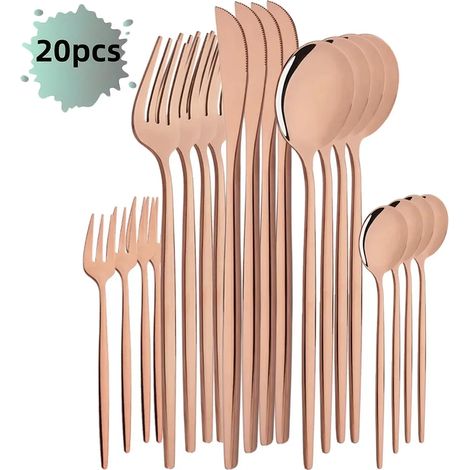 (Or rose, ensemble de 20 pièces) Couverts en acier inoxydable, polis miroir, parfaits pour la maison, le restaurant et les mariages. (1/2)