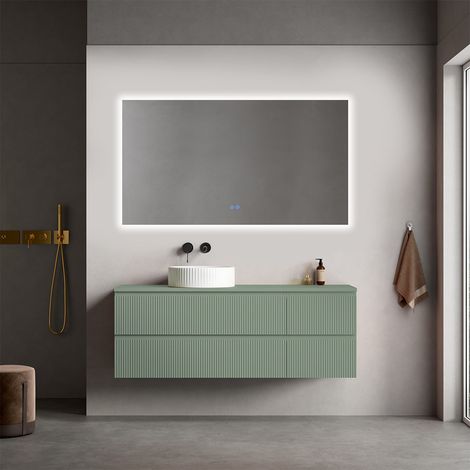 Mobile bagno sospeso cannettato reversibile 140 cm Verde Salvia per Lavabo d'appoggio Specchio Quadro Retroilluminato - Fiji Paint Top Canneté (1/4)