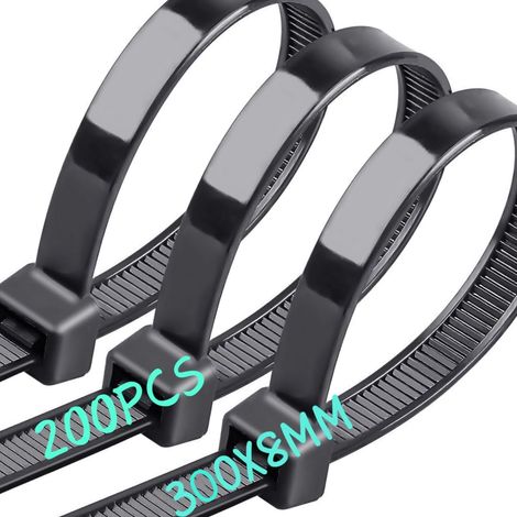 200pcs 300mmx8mm Très Grand Serre Cable,Attaches de Câbles Robustes,Colson Noir,Serflex Noir,Nylon Zip Ties - Schwarz 300X8MM (1/5)