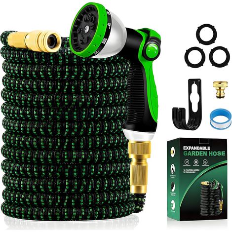 15m Expandable Garden Hose with 10 Jets Spray Gun and Fittings  Flexible Hose for Taps 1/2 Inch and 3/4 Inch Metal Connections, Garden Hose for Garden, Watering, Cleaning (15M/50FT, Green) (1/5)