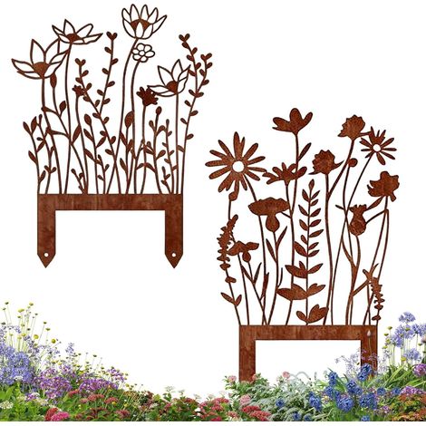 Gartendekoration, 2 Stück Gartenstecker, dekorative Eisenstecker, Gartenstecker aus rostigem Metall, dekorative Metallblumen, Gartendekoration für Terrasse, Balkon, Außenbereich