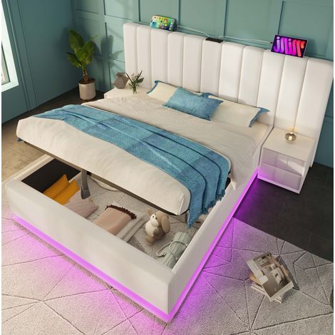 FLORAGRACE Lit coffre 160x200 cm en lin blanv avec LED contrôlée par appli, USB-C, sommier (1/5)