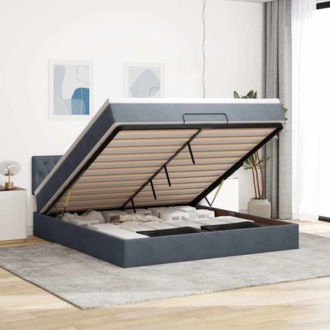 Cadre de lit ottoman avec tête de lit intégrée, mécanisme de levage hydraulique pour rangement, matelas à ressorts ensachés fermeté moyenne et surmatelas lavable - Gris foncé, Dimensions 160x200 cm (1/4)