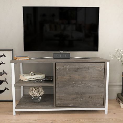 Meuble TV Muskegon 90 cm Placard et Étagères ouvertes (Blanc et Wenge)