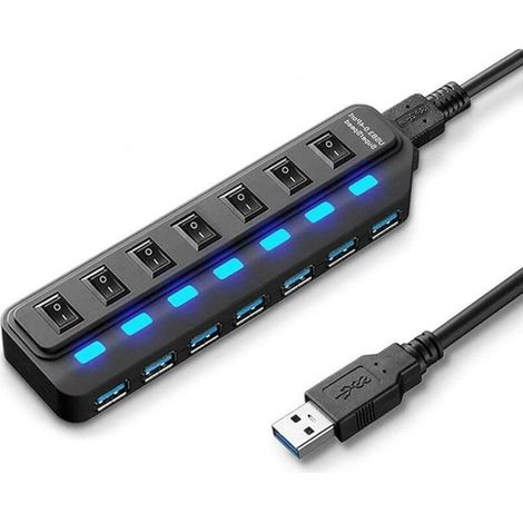 Répartiteur USB Multi-Ports, hub USB 3.0 à 7 Ports, hub de données USB A avec Interrupteur Marche/arrêt indépendant et indicateurs LED, lumières pour Ordinateur Portable, PC, Ordinateur (1/5)