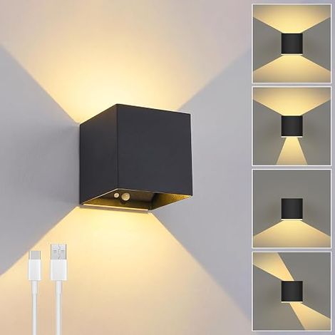 Wall Light with Motion Sensor, USB Rechargeable Wall Lamp Wireless LED Battery, Wall Light Up and Down, Magnetic Interior Lamp for Living Room Hallway Stairs, Black (1/5)
