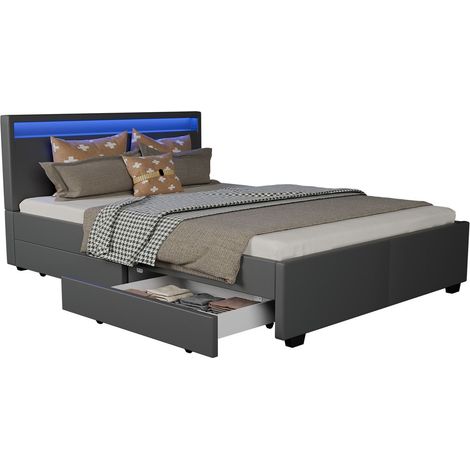 Juskys LED Polsterbett Lyon mit Bettkasten – Bettgestell aus Holz & Kunstleder mit Lattenrost – Einzelbett Jugendzimmer Möbel – 140 x 200 cm - grau (1/5)
