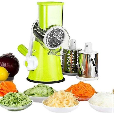 Rallador y rebanador de queso rotatorio, picador y triturador manual de verduras, mandolina rebanadora con 3 cuchillas de tambor (verde), de DEBUNS (1/4)