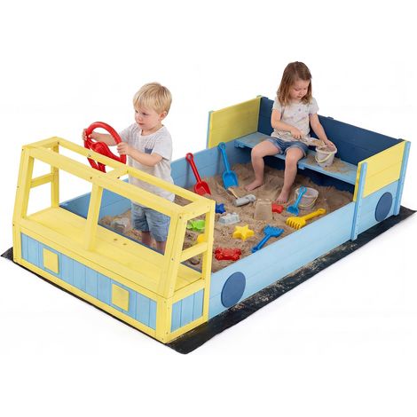 COSTWAY Sabbiera per Bambini in Legno, Gioco da Spiaggia a Forma di Autopompa con Panca, Volante Orientabile e Rivestimento, Sabbiera da Esterno per Giardino Cortile, 18+ Mesi (1/5)