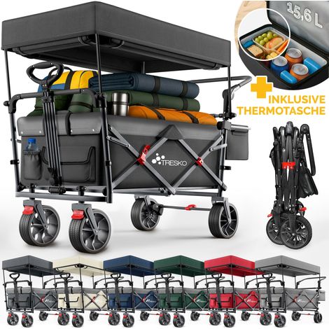 TRESKO® Bollerwagen Faltbar mit Dach Schwarz, Kühlfach & Seitenrollos Handwagen max. belastbar bis 150kg Transportwagen mit Vollgummireifen & Feststellbremsen (Vorne & Hinten) und 3-Punkt-Gurt (1/5)