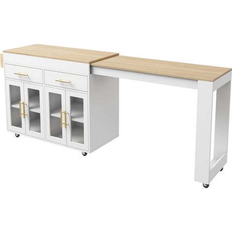 Isla de cocina móvil con ruedas, mesa extensible con almacenaje, blanco, 132,5-217 x 50 x 93 cm (1/5)