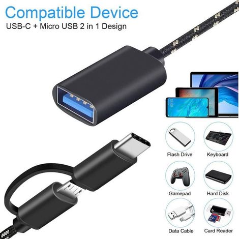 Adaptateur USB-C/Micro USB vers USB à clip noir, convertisseur Micro USB/USB-C vers USB 3.0, câble adaptateur OTG, compatible avec MacBook, téléphones Android et autres appareils. (1/4)